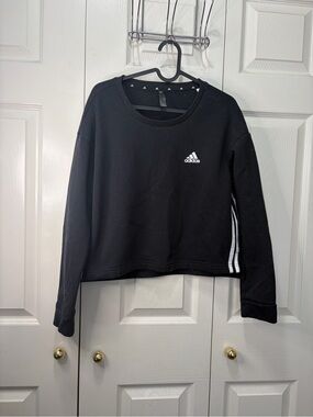 adidas Black Cropped Crew Sweatshirt with White Stripes